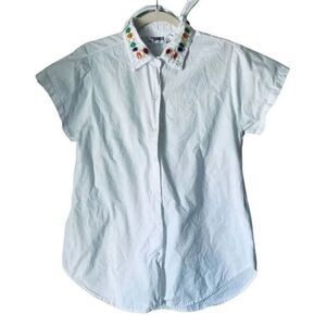 1678 80s 90s Vintage Gitano White Colorful Rhinestone Short Sleeve Button Up Shi